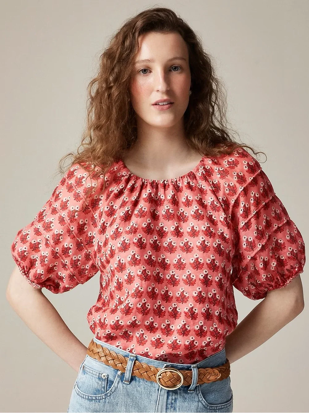J.Crew Puff-Sleeve Top Block-print Ramie Pink Size Small